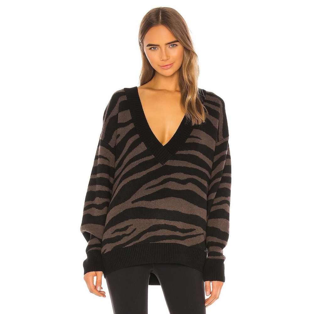 VARLEY Calvert Sweater Bracken Black Zebra Animal Print Merino Wool Blend Large